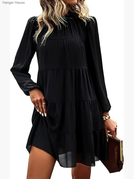 Dresses & Skirts - Long Sleeve Babydoll Dress Ruffle Mock Neck Tiered Mini Swing Shift Dress Loose